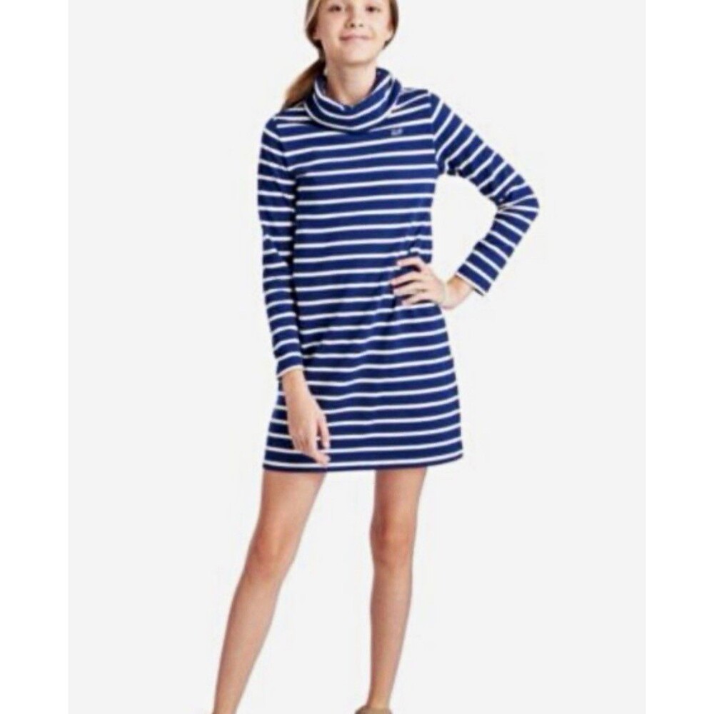 Vineyard Vines Girls Shift Dress Striped Turtleneck Long Sleeve Cotton S 7-8